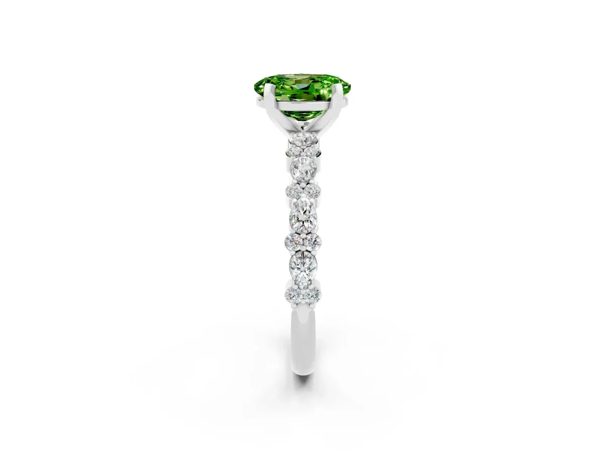 Oval Cut Peridot Side Stone Solitaire Ring with Round and Four-Prong Setting White gold