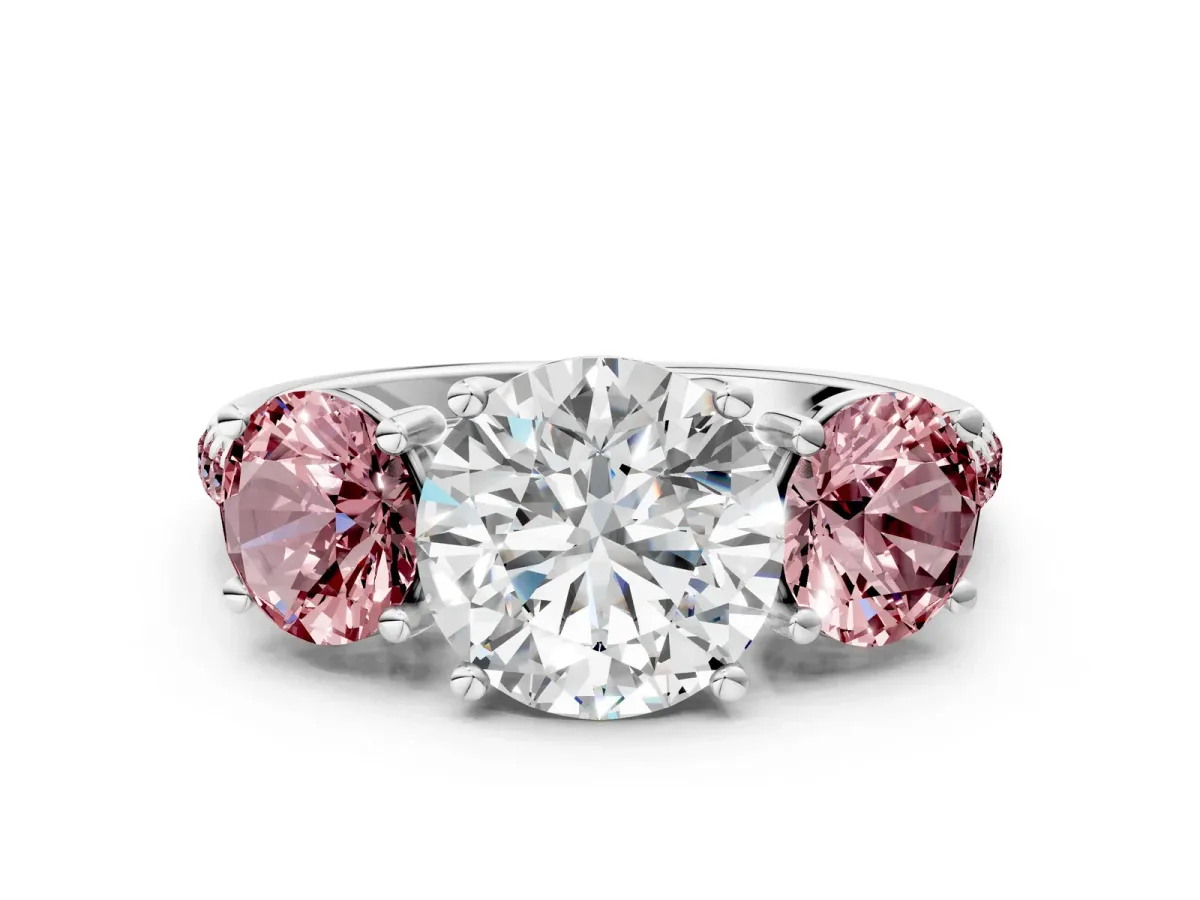 Three-Stone Round Cut Diamond Ring with Round Morganite Pavé Band and Prong Setting Silver