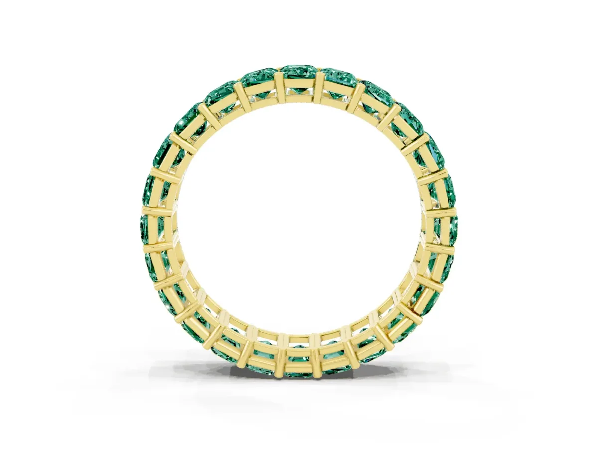 Emerald Cut Green Sapphire Eternity Band with Shared Prong Setting Yellow gold