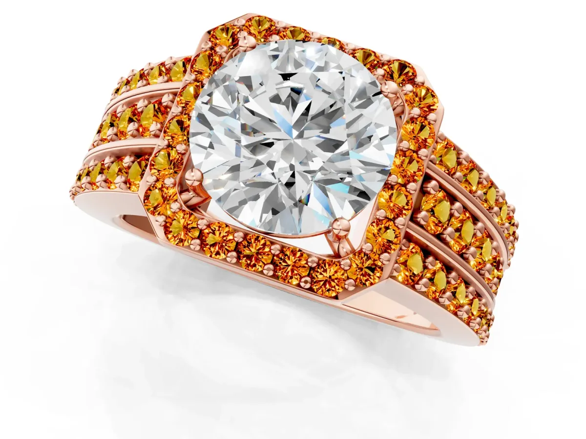 Round Cut Halo Diamond Ring with Round Citrine Split Shank and Prong Setting Rose gold