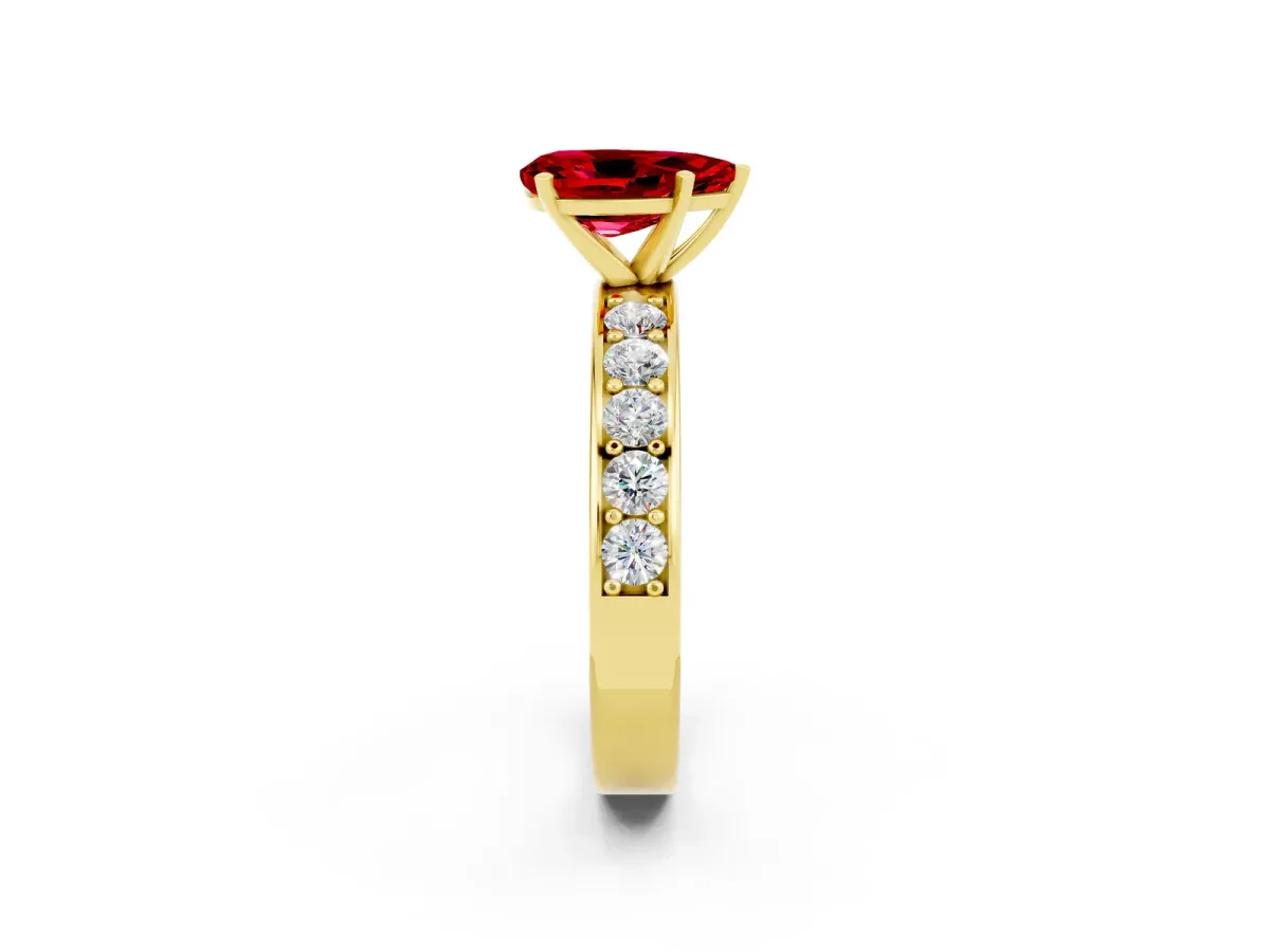 Pear Cut Ruby Engagement Ring with Channel Set Round Band and Prong Setting Yellow gold