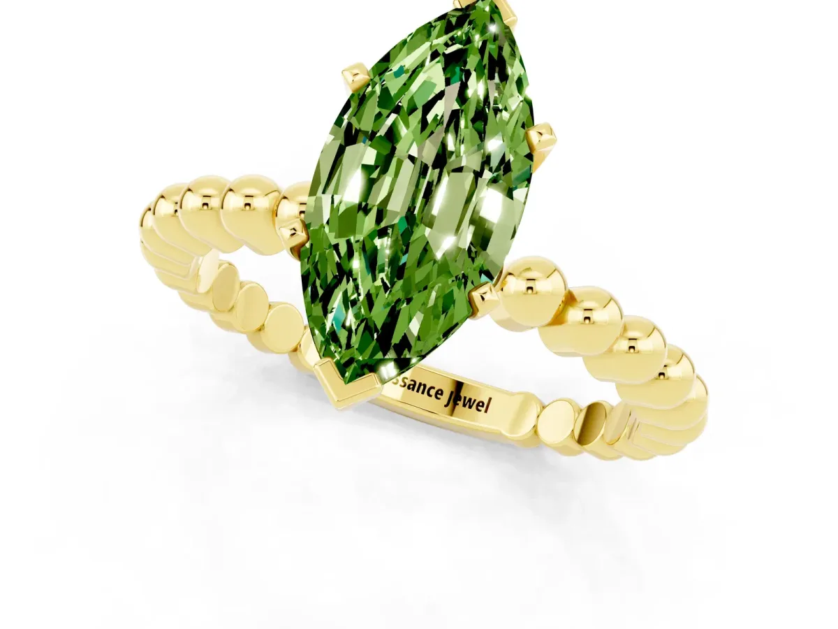 Marquise Cut Peridot Solitaire Ring with Beaded Band and Prong Setting Yellow gold