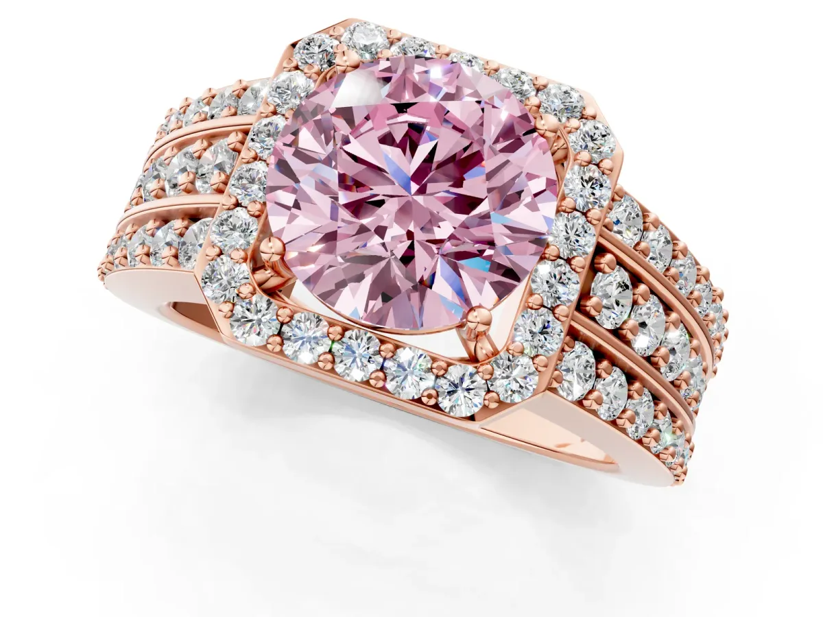 Fancy Pink Round Cut Halo Diamond Ring with Round Split Shank and Prong Setting Rose gold