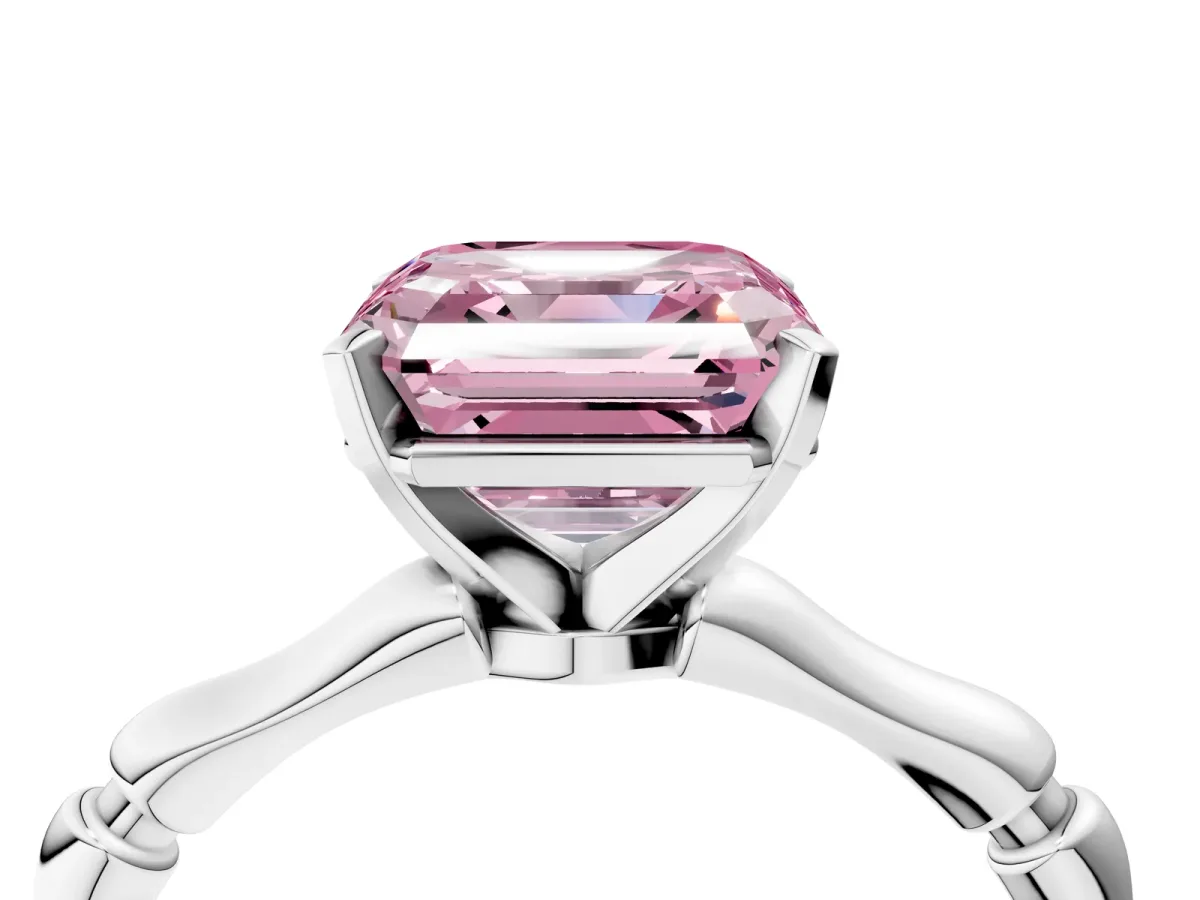 Fancy Pink Asscher Cut Solitaire Diamond Ring with Bamboo Band and Four-Prong Setting Platinum