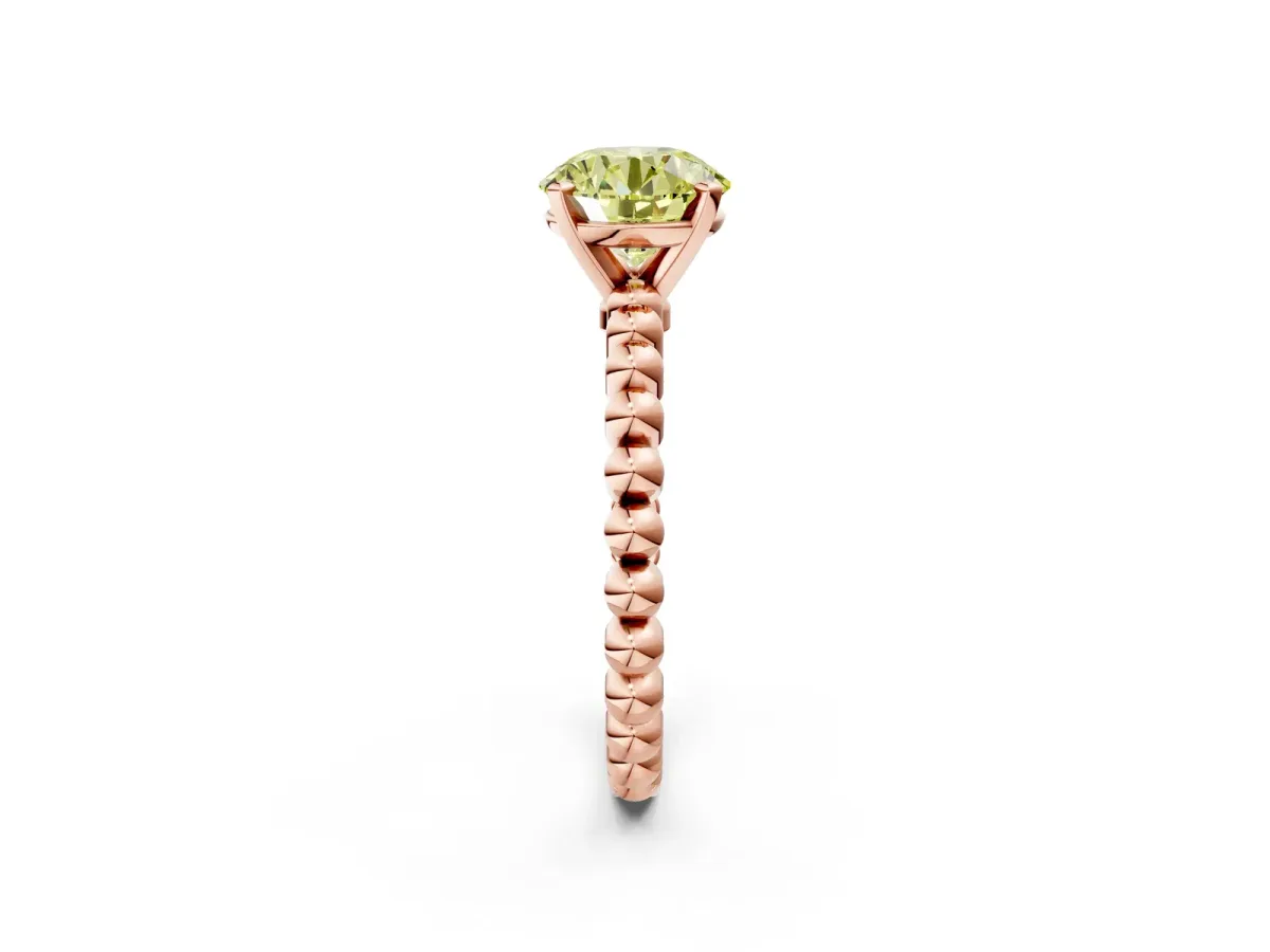 Fancy Yellow Round Cut Diamond Solitaire Ring with Beaded Band and Prong Setting Rose gold