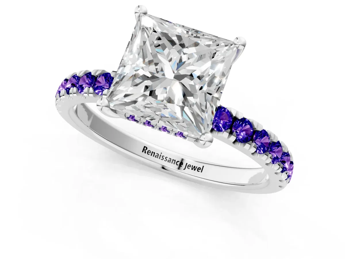 Princess Cut Diamond Pave Band Solitaire Ring with Round Tanzanite and Prong Setting Silver