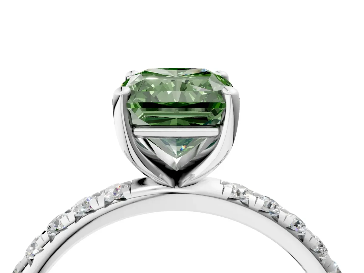 Fancy Green Radiant Cut Cut Diamond Solitaire Ring with Micro Pave Band and Four Prong Setting Platinum