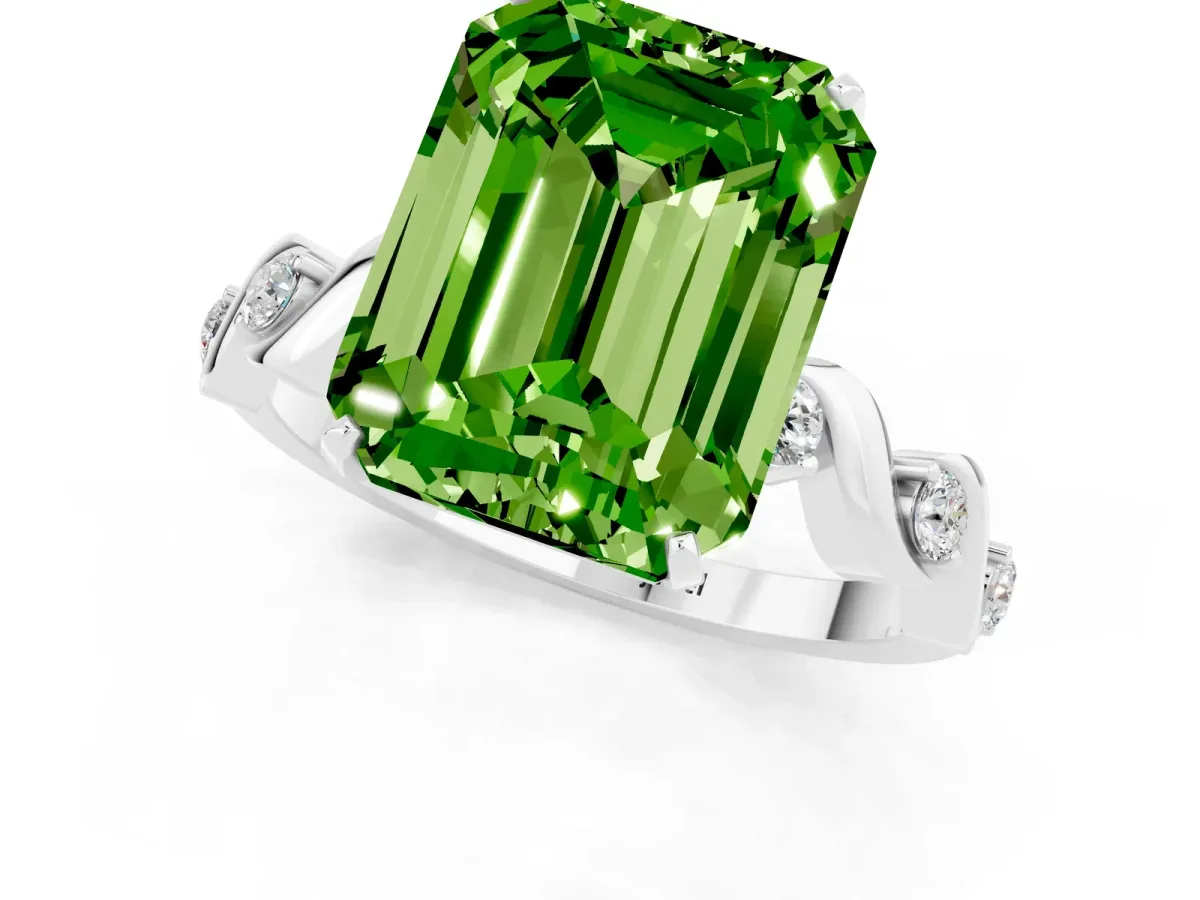Emerald Cut Peridot Solitaire Twisted Band with Round Accents and Prong Setting Silver