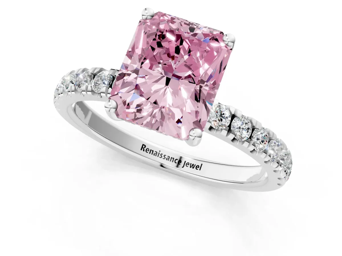 Fancy Pink Radiant Cut Diamond Pave Band Solitaire Ring with Round and Prong Setting Silver