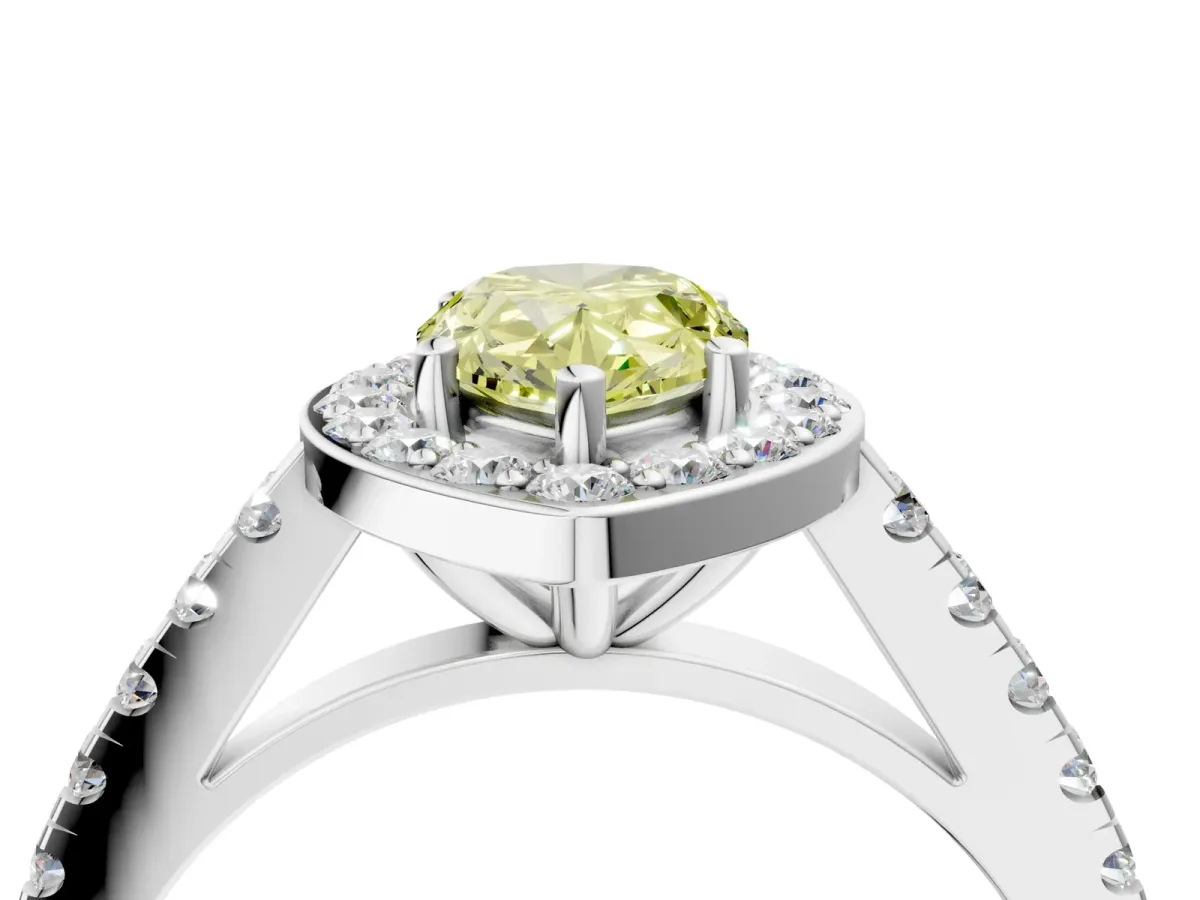 Fancy Yellow Pear Cut Diamond Halo Ring with Round Pavé Split Shank and Prong Setting Platinum