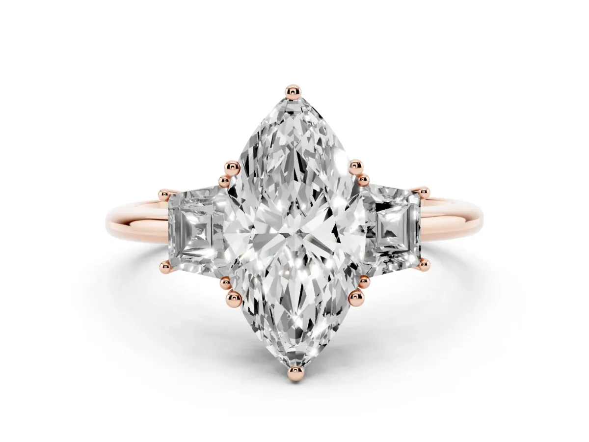 Marquise Cut Diamond Three-Stone Ring with Trapezoid Side Stones and Prong Setting Rose gold