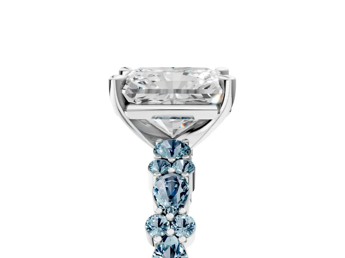 Radiant Cut Diamond Side Stone Solitaire Ring with Round Aquamarine and Four-Prong Setting Silver