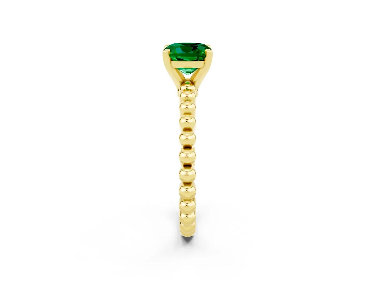 Cushion Cut Emerald Solitaire Ring with Beaded Band and Prong Setting Yellow gold