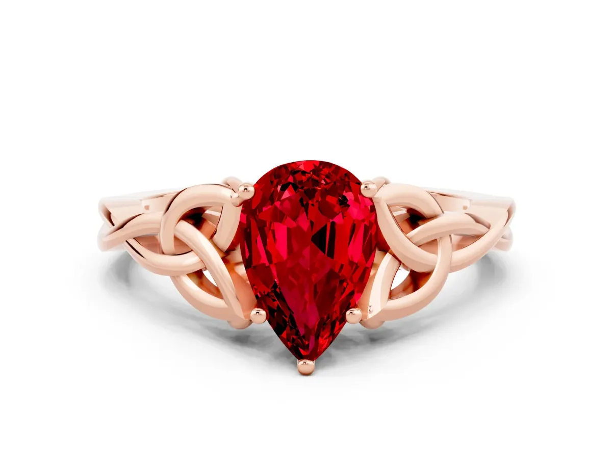 Pear Cut Ruby Solitaire Celtic Knot Ring with Four-Prong Setting Rose gold