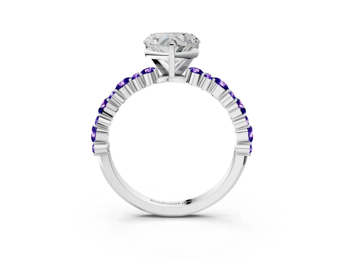 Heart Cut Diamond Side Stone Solitaire Ring with Round Tanzanite and Four-Prong Setting Platinum