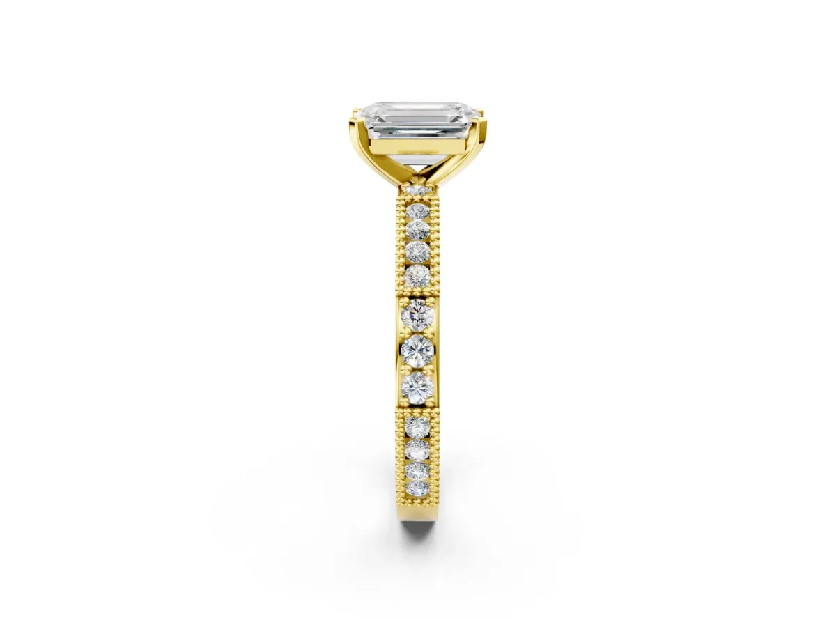 Emerald Cut Solitaire with Pavé Band and Four-Prong Setting Yellow gold