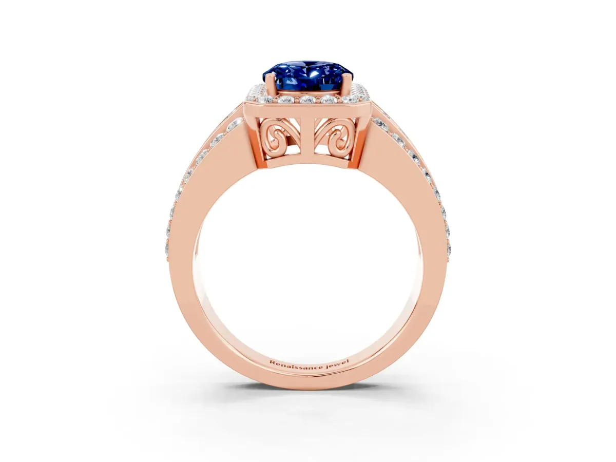Oval Cut Halo Blue Sapphire Ring with Round Split Shank and Prong Setting Rose gold