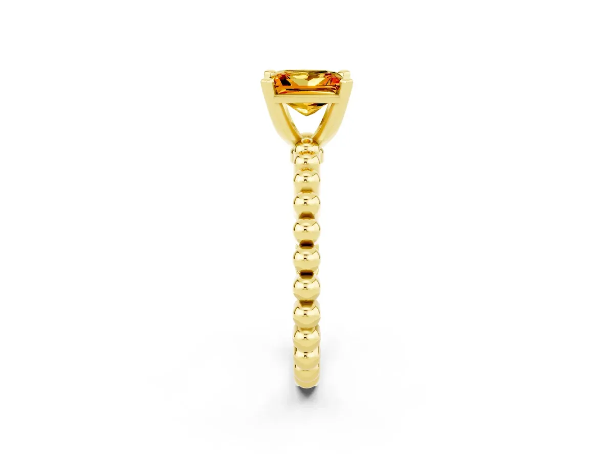 Princess Cut Citrine Solitaire Ring with Beaded Band and Prong Setting Yellow gold