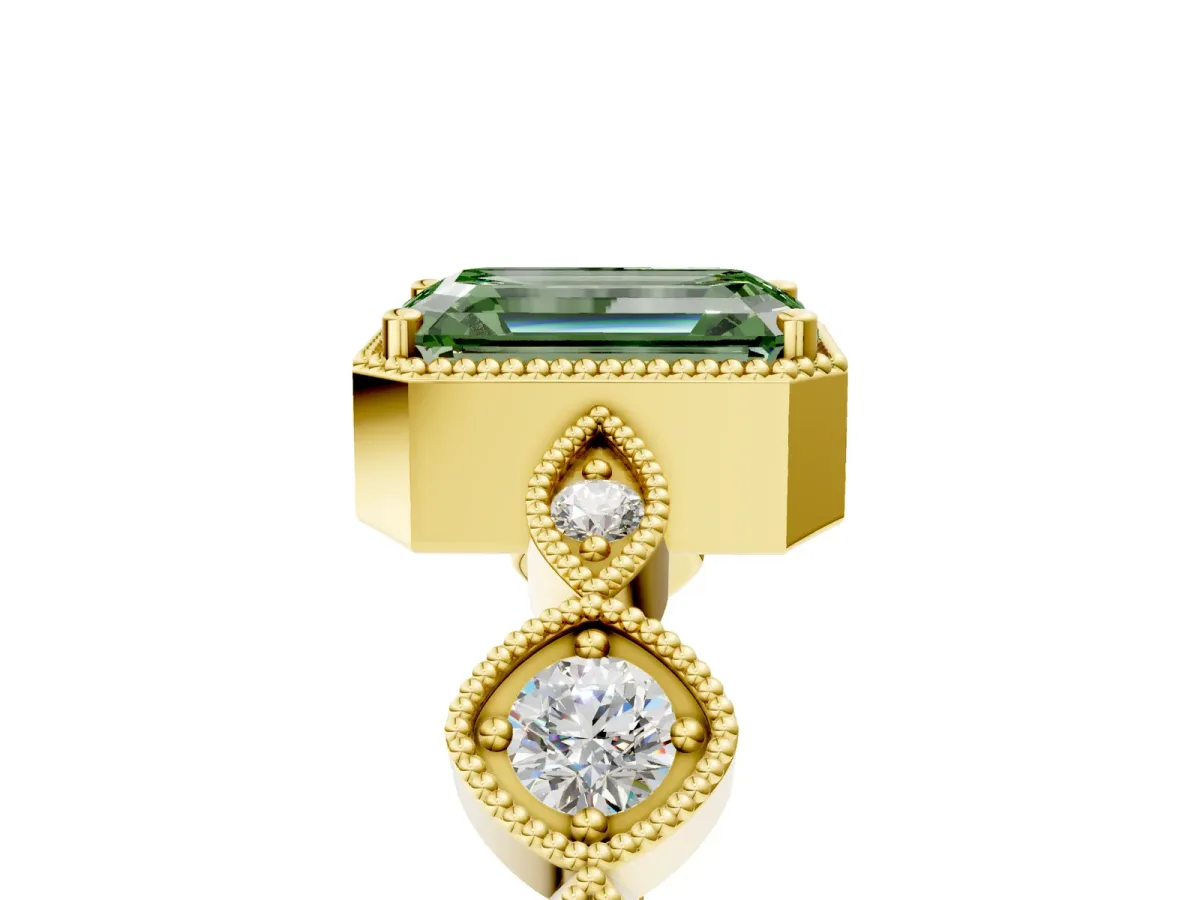 Fancy Green Emerald Cut Diamond Vintage Milgrain Ring with Round Stations Yellow gold