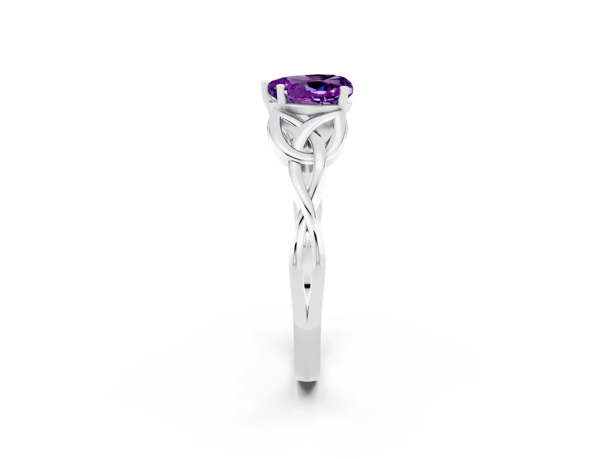 Heart Cut Amethyst Solitaire Engagement Ring with Celtic Knot Band and Four-Prong Setting Silver