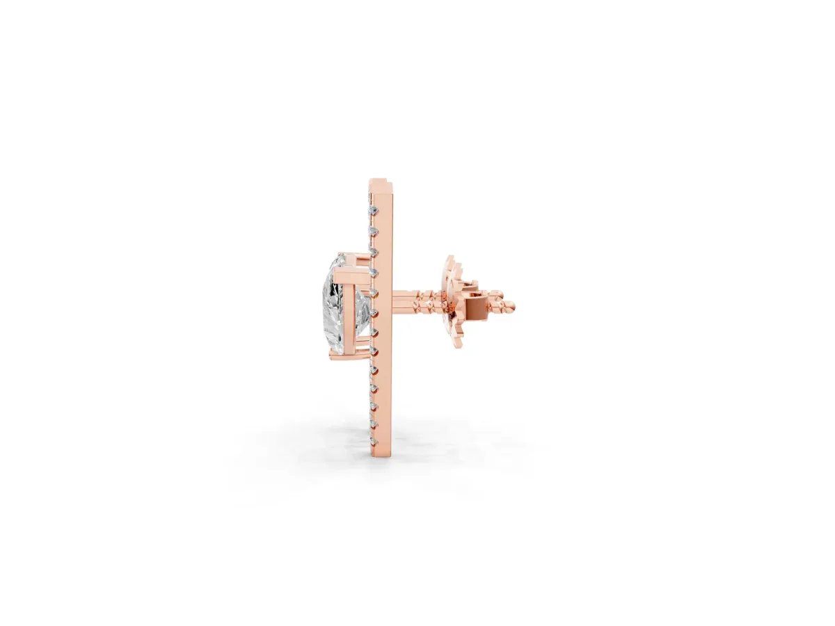 Pear Diamond Stud Earrings with Round Micro Pavé Bar Rose gold