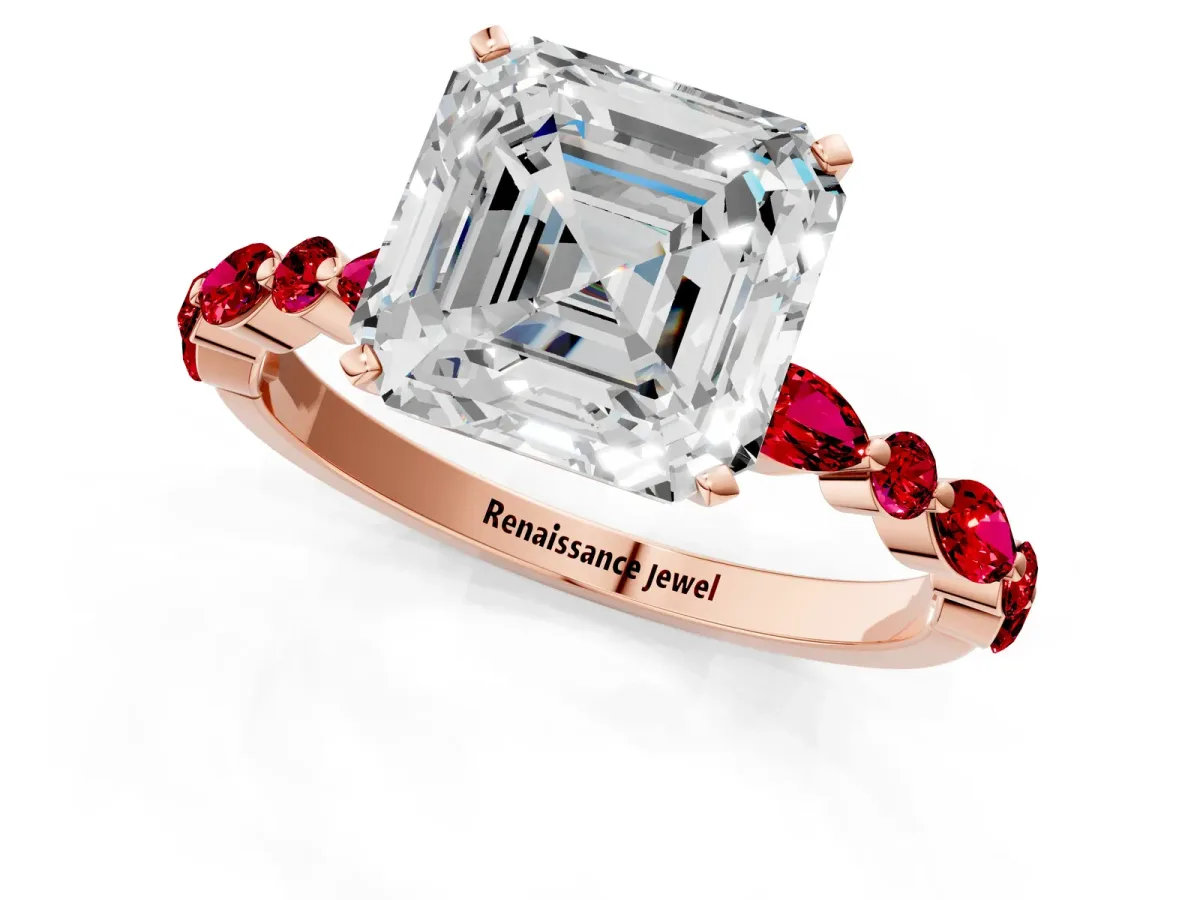 Asscher Cut Diamond Ring with Marquise and Round Ruby Side Stones and Four-Prong Setting Rose gold