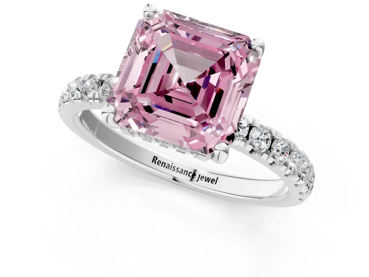 Fancy Pink Asscher Cut Diamond Pave Band Solitaire Ring with Round and Prong Setting Platinum