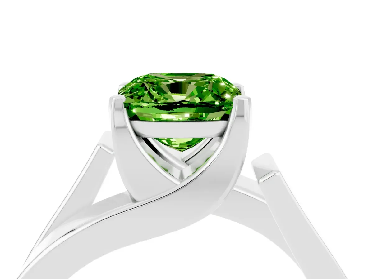 Modern Tension Set Cushion Cut Peridot Solitaire Wide Band Ring Silver