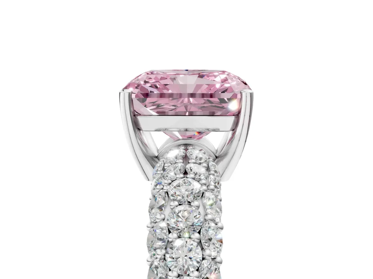 Fancy Pink Radiant Cut Diamond Pavé Band Solitaire Ring with Four-Prong Setting Platinum