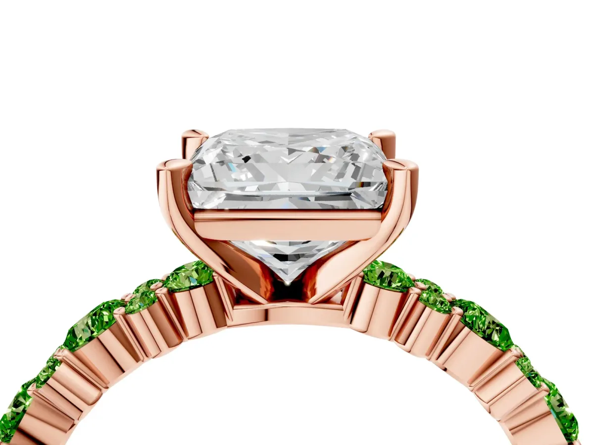 Princess Cut Diamond Side Stone Solitaire Ring with Round Peridot and Four-Prong Setting Rose gold