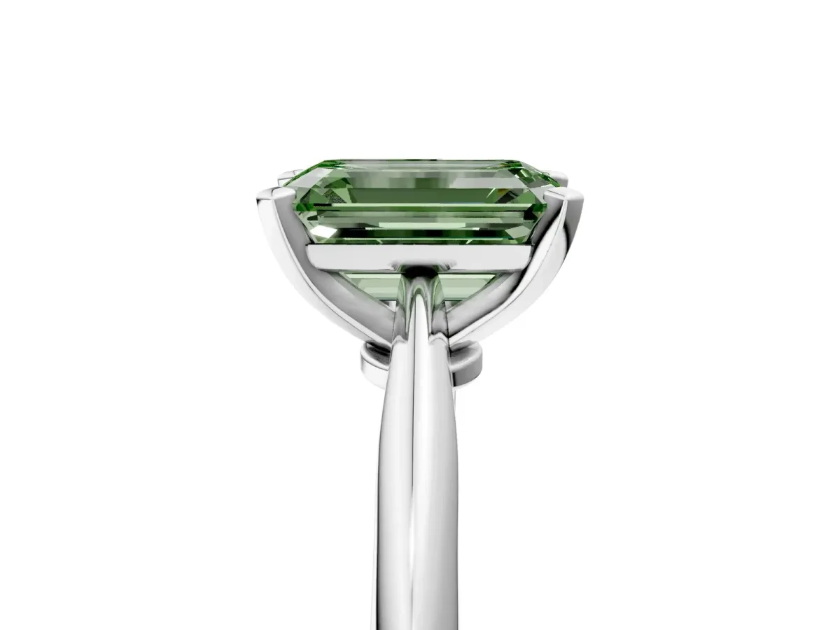 Fancy Green Emerald Cut Diamond Solitaire Engagement Ring with Classic Band and Four-Prong Setting Silver
