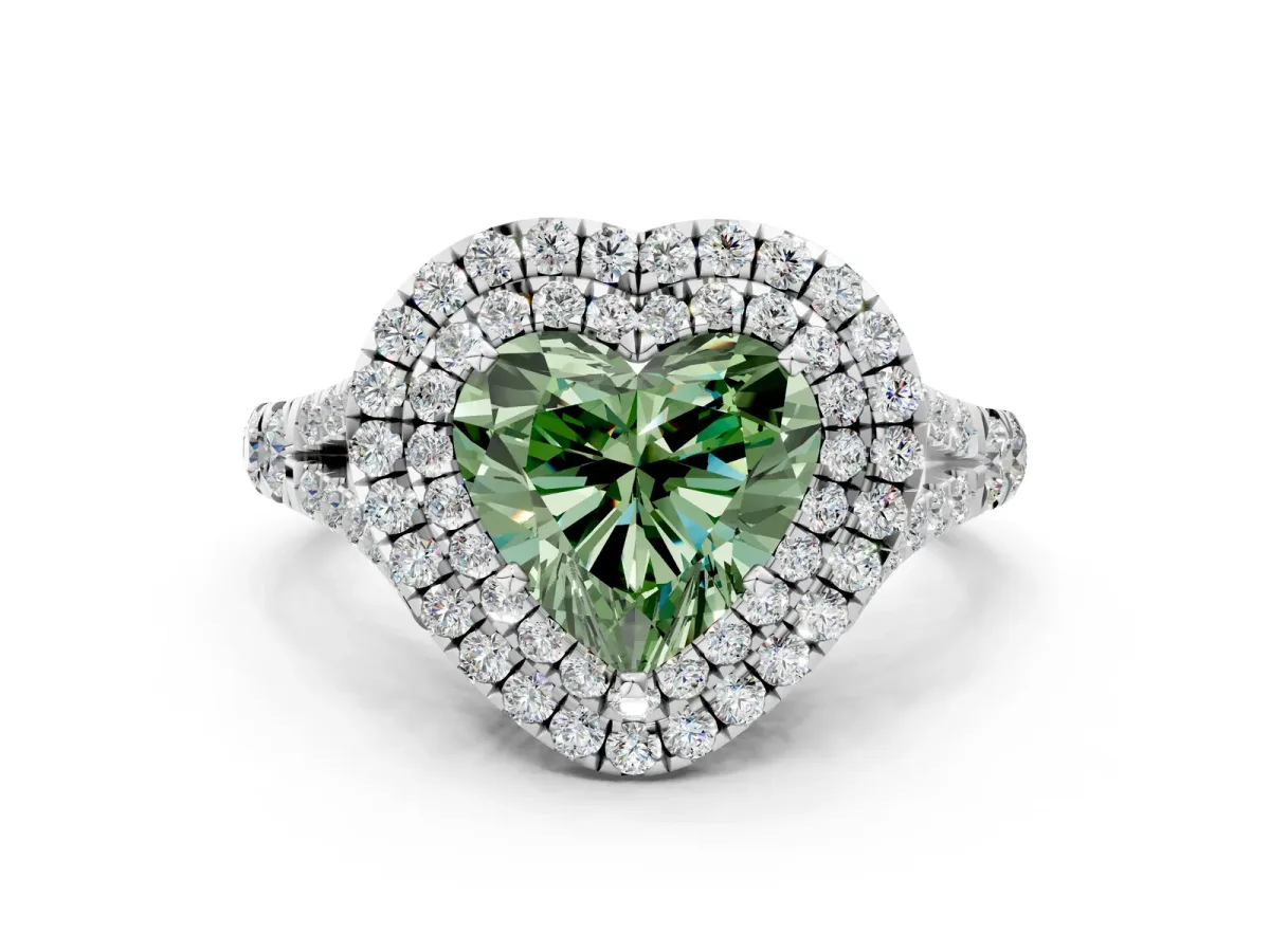 Fancy Green Heart Cut Cut Double Halo Split Shank Diamond Ring with Prong Setting Platinum