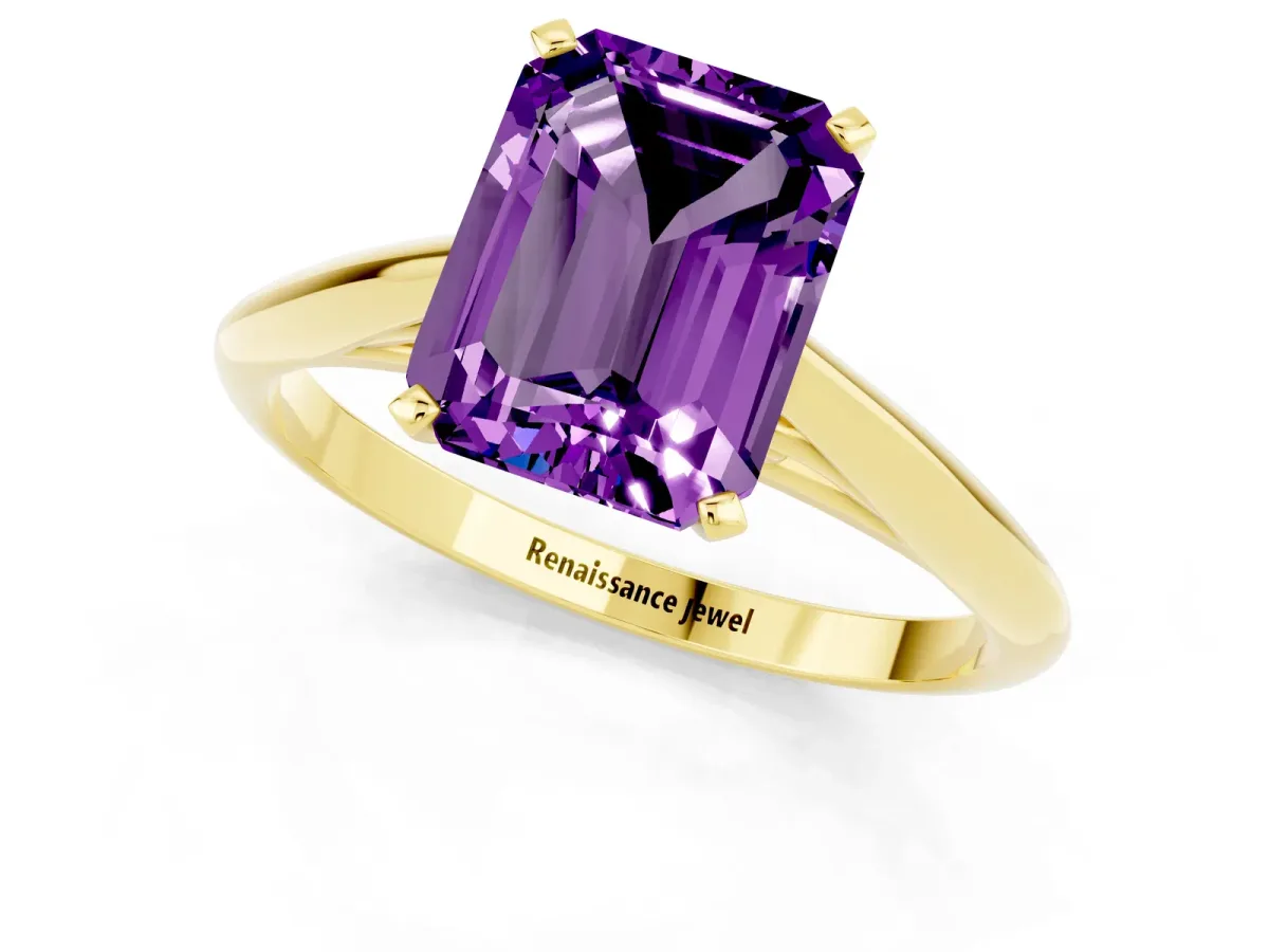 Emerald Cut Amethyst Solitaire Engagement Ring with Cathedral Setting and Four-Prong Mount Yellow gold