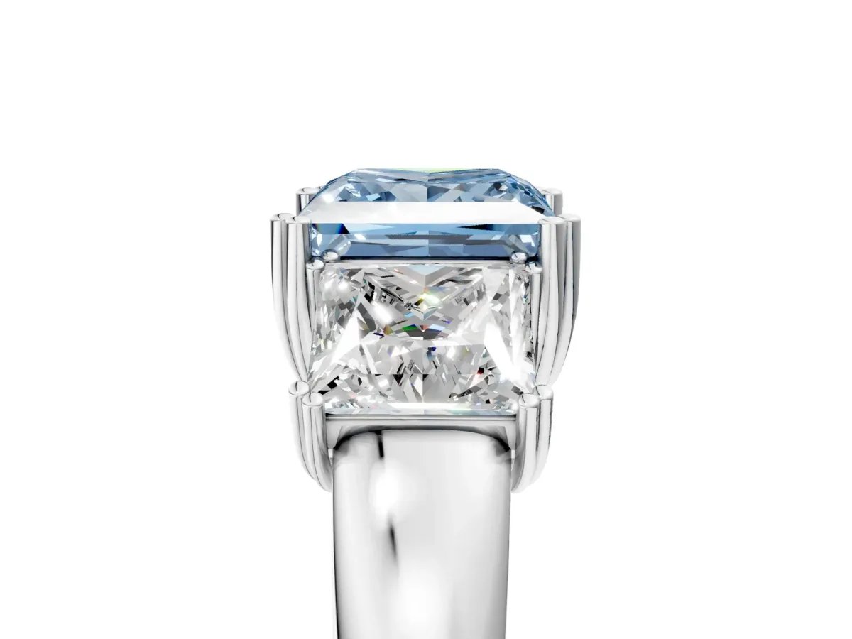 Fancy Blue Three-Stone Princess Cut Cut Diamond Ring with Channel Set Band and Four-Prong Setting Silver