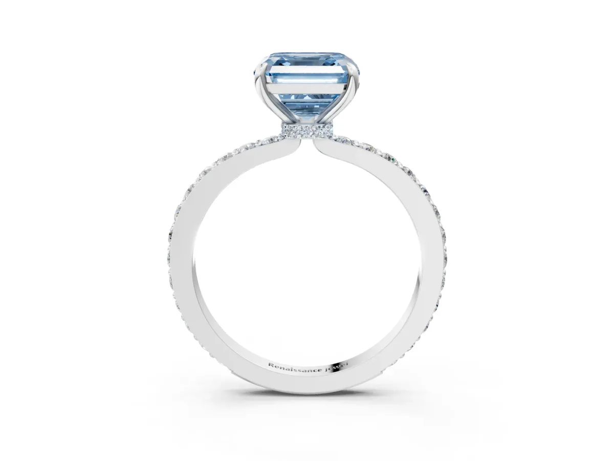 Fancy Blue Asscher Cut Diamond Solitaire Engagement Ring with Pavé Band and Four-Prong Setting Silver