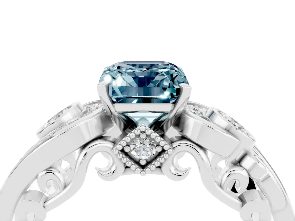 Emerald Cut Aquamarine Solitaire Ring with Milgrain Pavé Band and Four-Prong Setting Silver