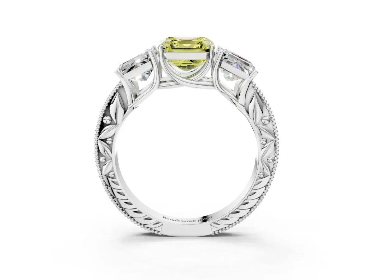 Fancy Yellow Three-Stone Asscher Cut Cut Milgrain Pavé Engagement Ring Platinum