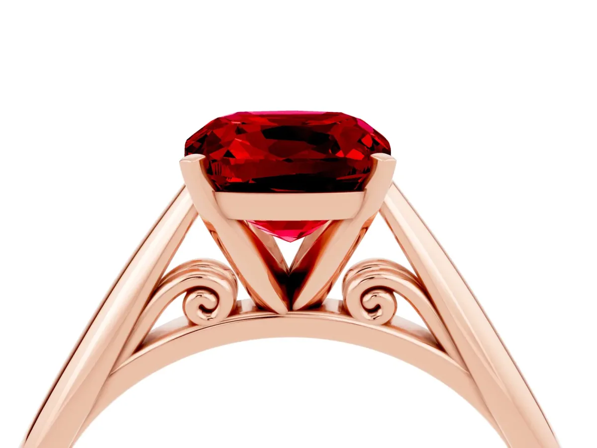 Cushion Cut Ruby Solitaire Engagement Ring with Cathedral Setting and Four-Prong Mount Rose gold