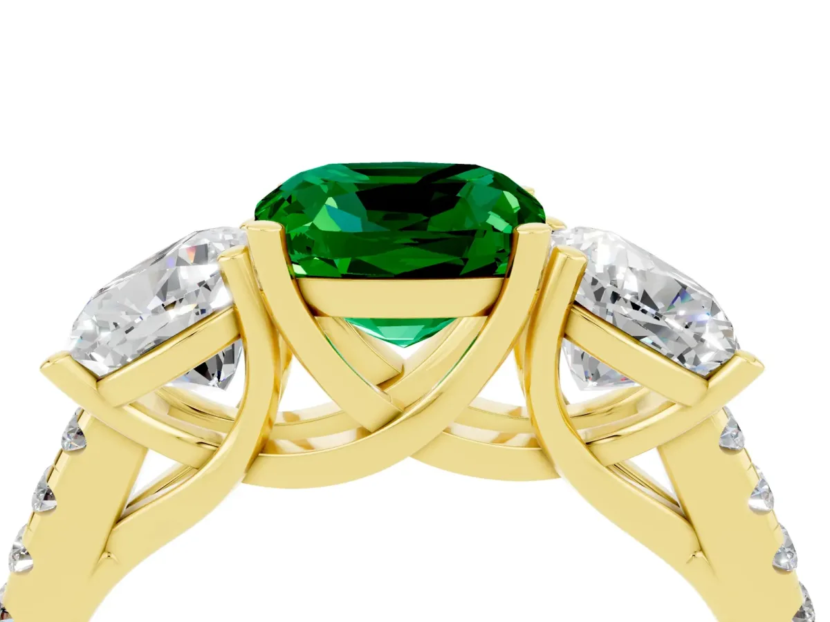Three-Stone Cushion Cut Emerald Ring with Round Pavé Band and Prong Setting Yellow gold