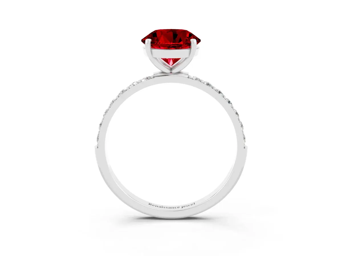 Round Cut Ruby Solitaire Ring with Round Pavé Band and Prong Setting White gold