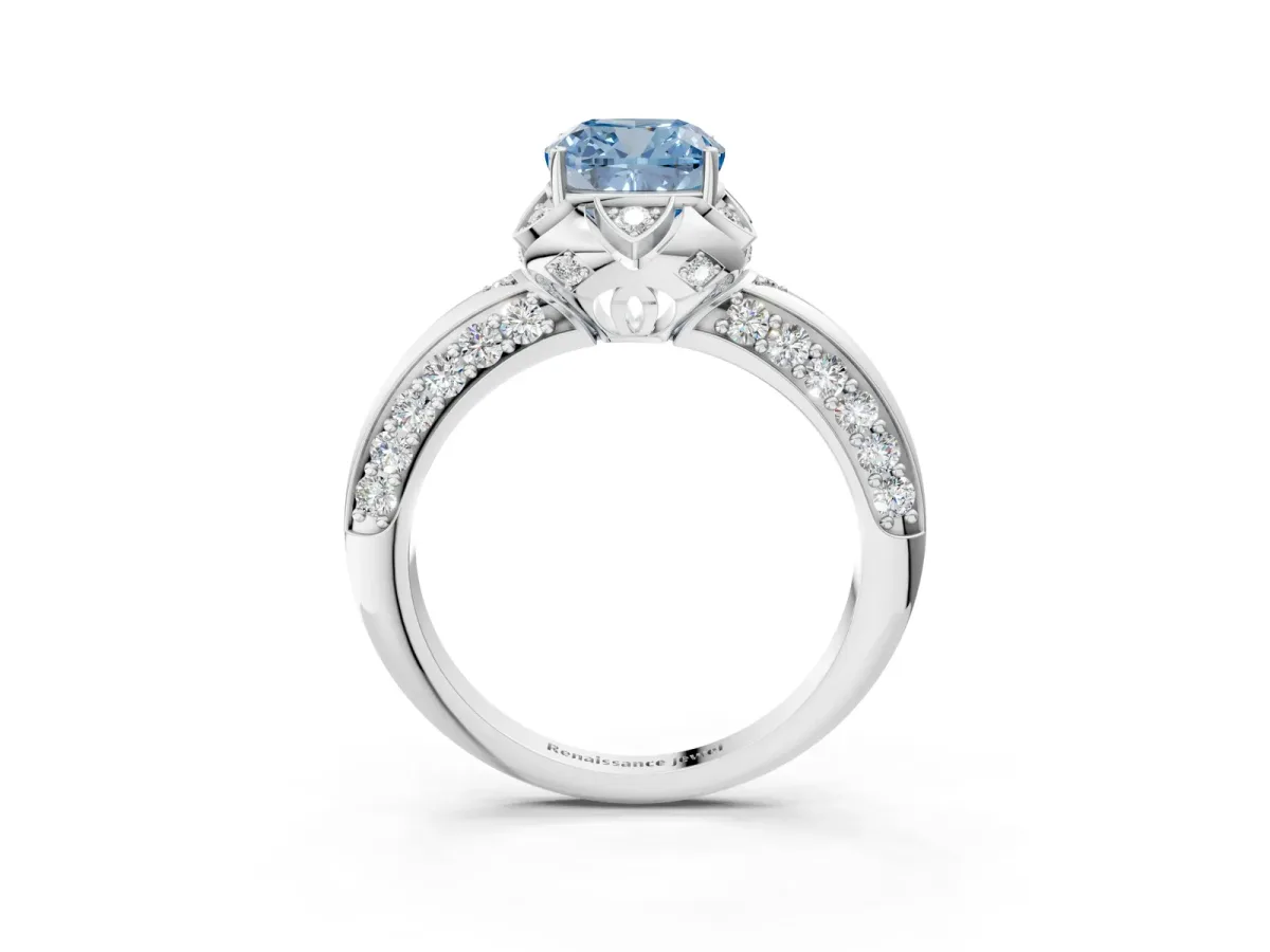 Fancy Blue Cushion Cut Halo Split Shank Pave Diamond Ring with Petal Prong Setting White gold