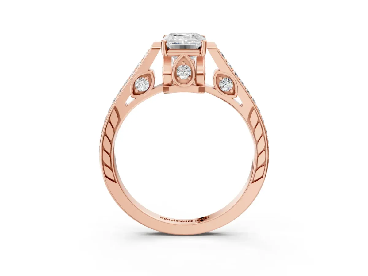 Emerald Cut Cut Cathedral Pave Diamond Engagement Ring with Six-Prong Setting Rose gold