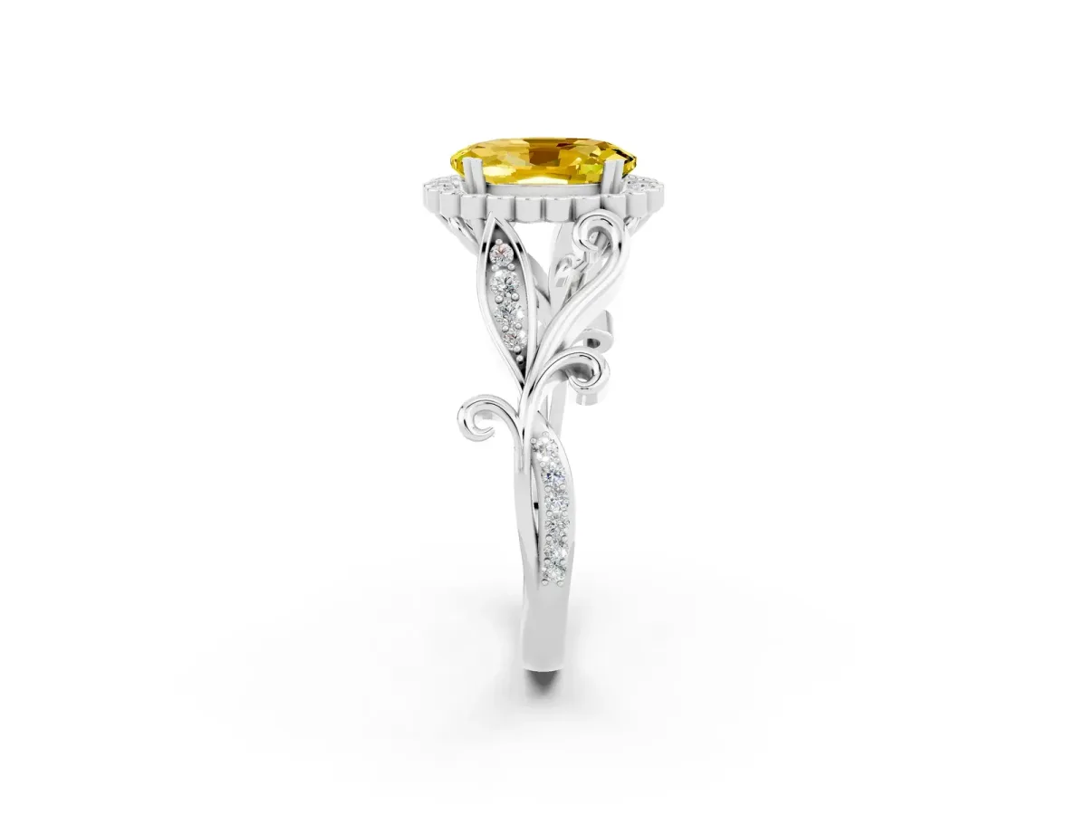 Oval Cut Yellow Sapphire Halo Ring with Vintage Split Shank and Four-Prong Setting Silver
