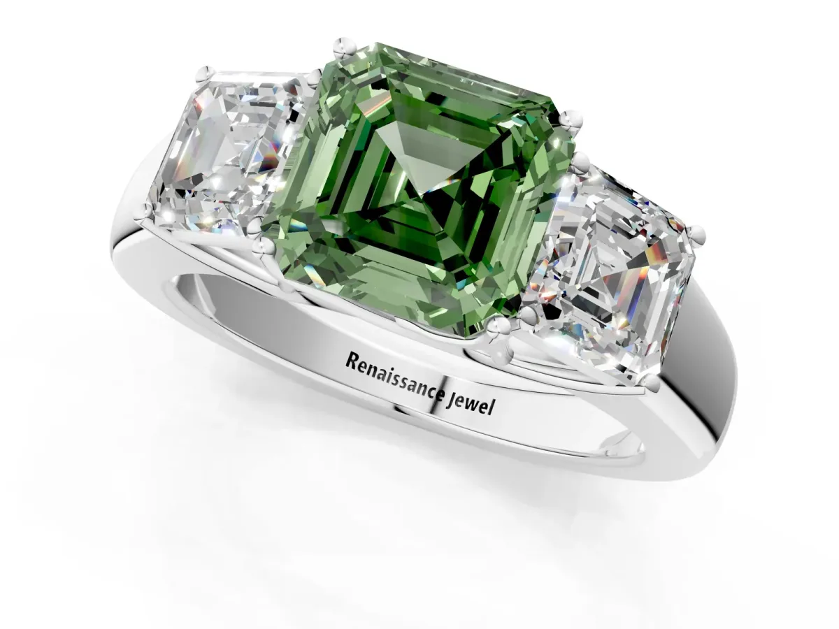Fancy Green Three-Stone Asscher Cut Cut Diamond Ring with Prong Setting and Classic Band Platinum