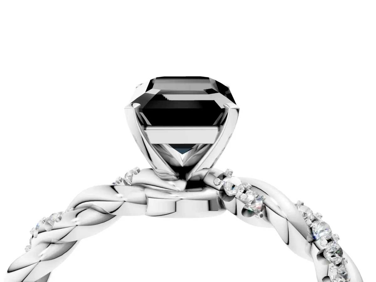 Fancy Black Emerald Cut Diamond Solitaire Ring with Twisted Band and Pavé Accents Platinum