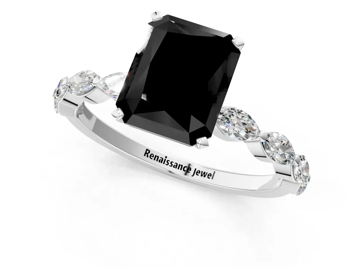 Fancy Black Radiant Cut Diamond Ring with Marquise Side Stones and Prong Setting Platinum