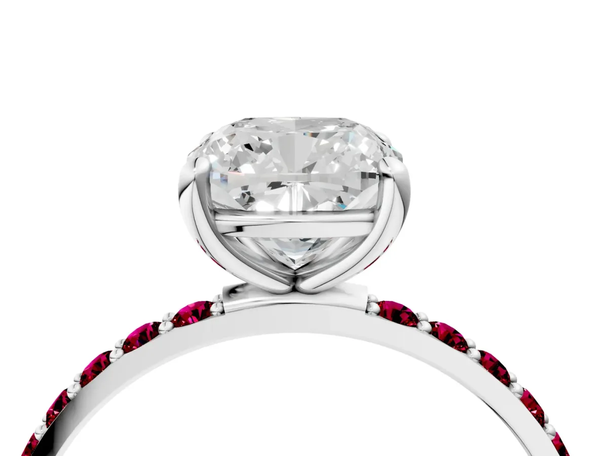 Cushion Cut Diamond Solitaire Ring with Round Garnet Pavé Band and Prong Setting Silver