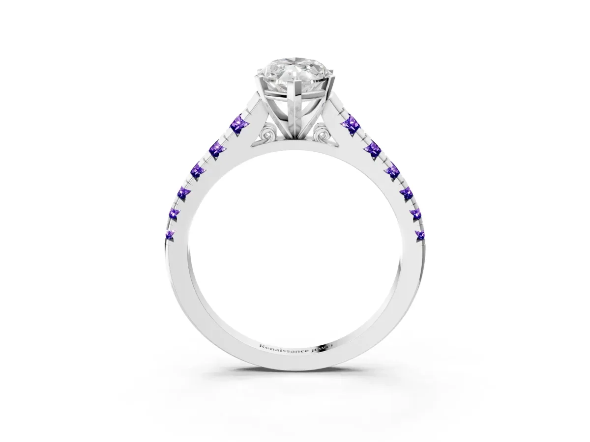 Marquise Cut Diamond Cathedral Solitaire Ring with Round Tanzanite Pavé Band Silver