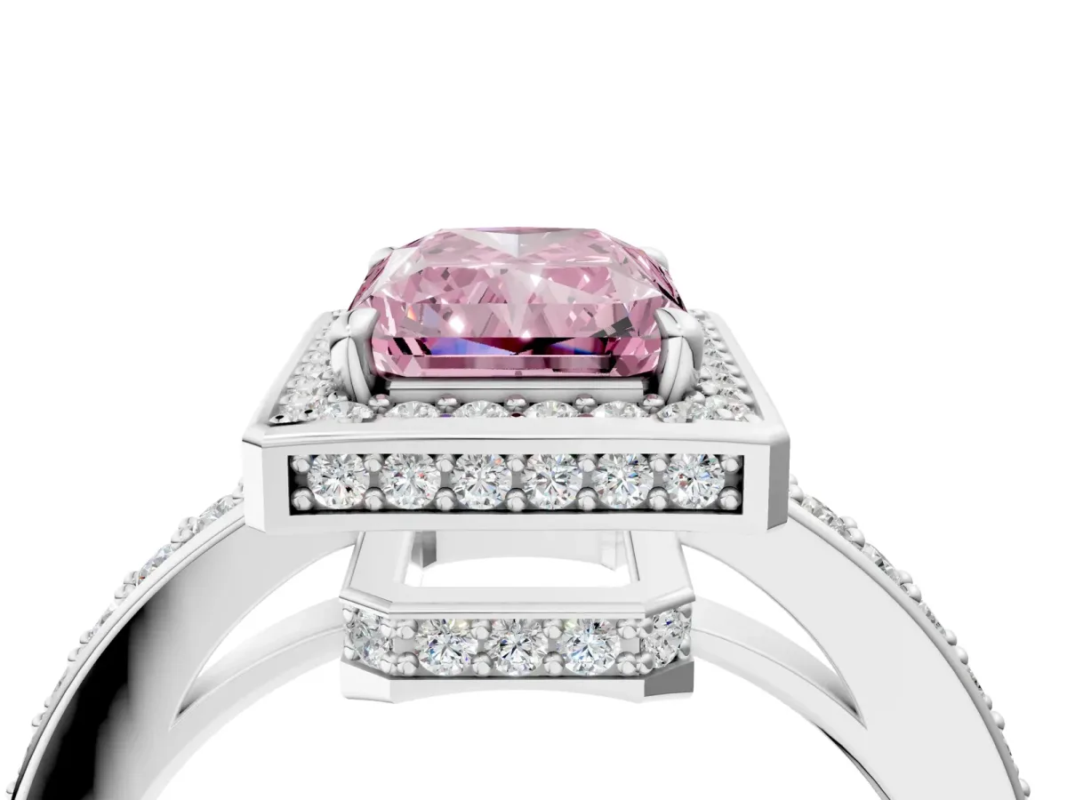 Fancy Pink Radiant Cut Halo Pave Band Solitaire Ring with Prong Setting Platinum