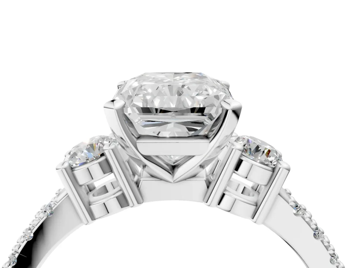 Radiant Cut Cut Three-Stone Diamond Pavé Band with Prong Setting Platinum